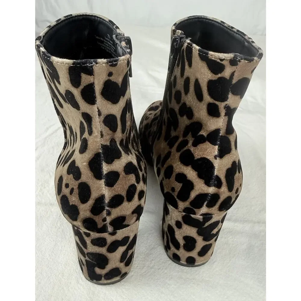A New Day Leopard Print Ankle Booties Women's 7.5 Velvet Side Zip 2.25
